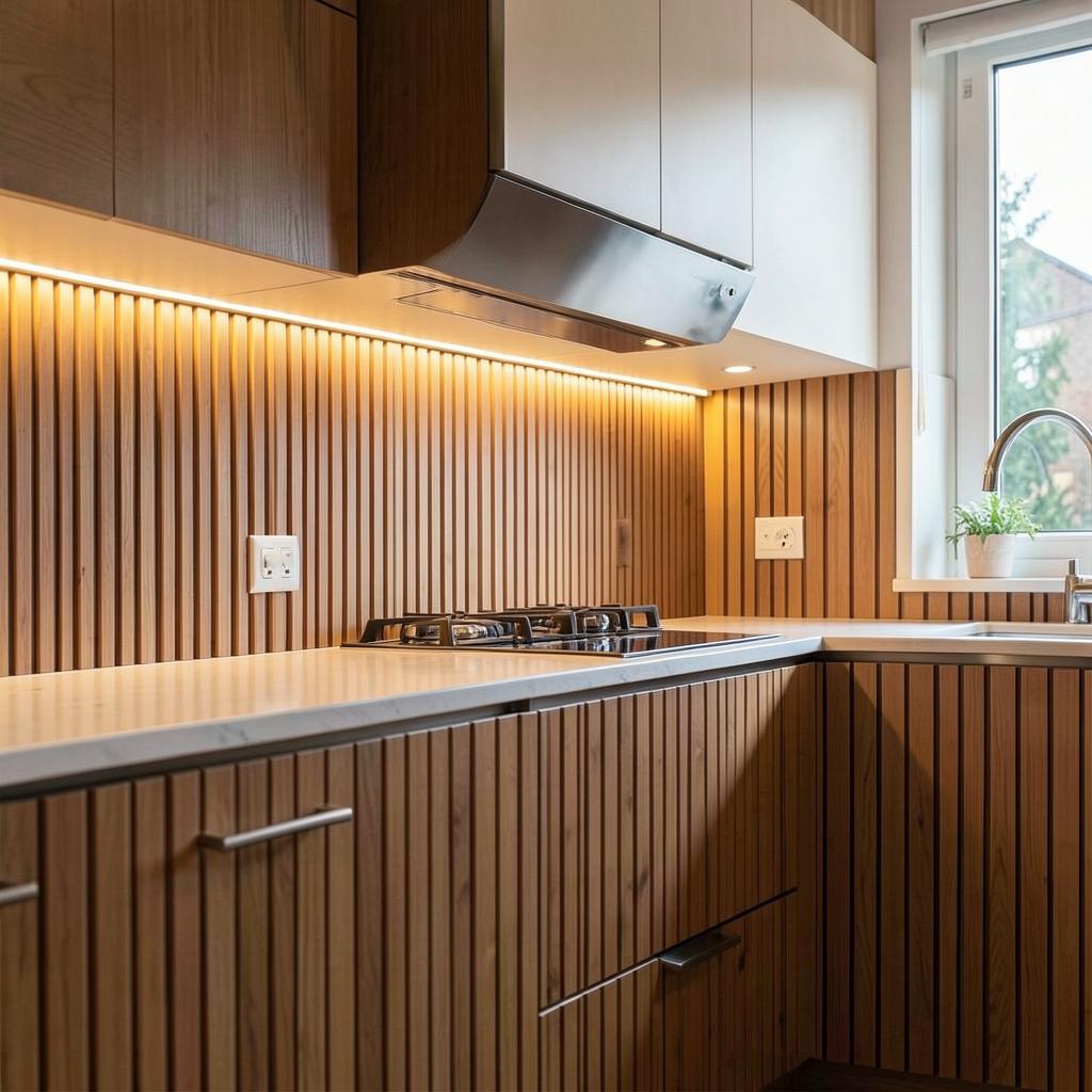 Cozinha com bancada revestida em painel ripado
