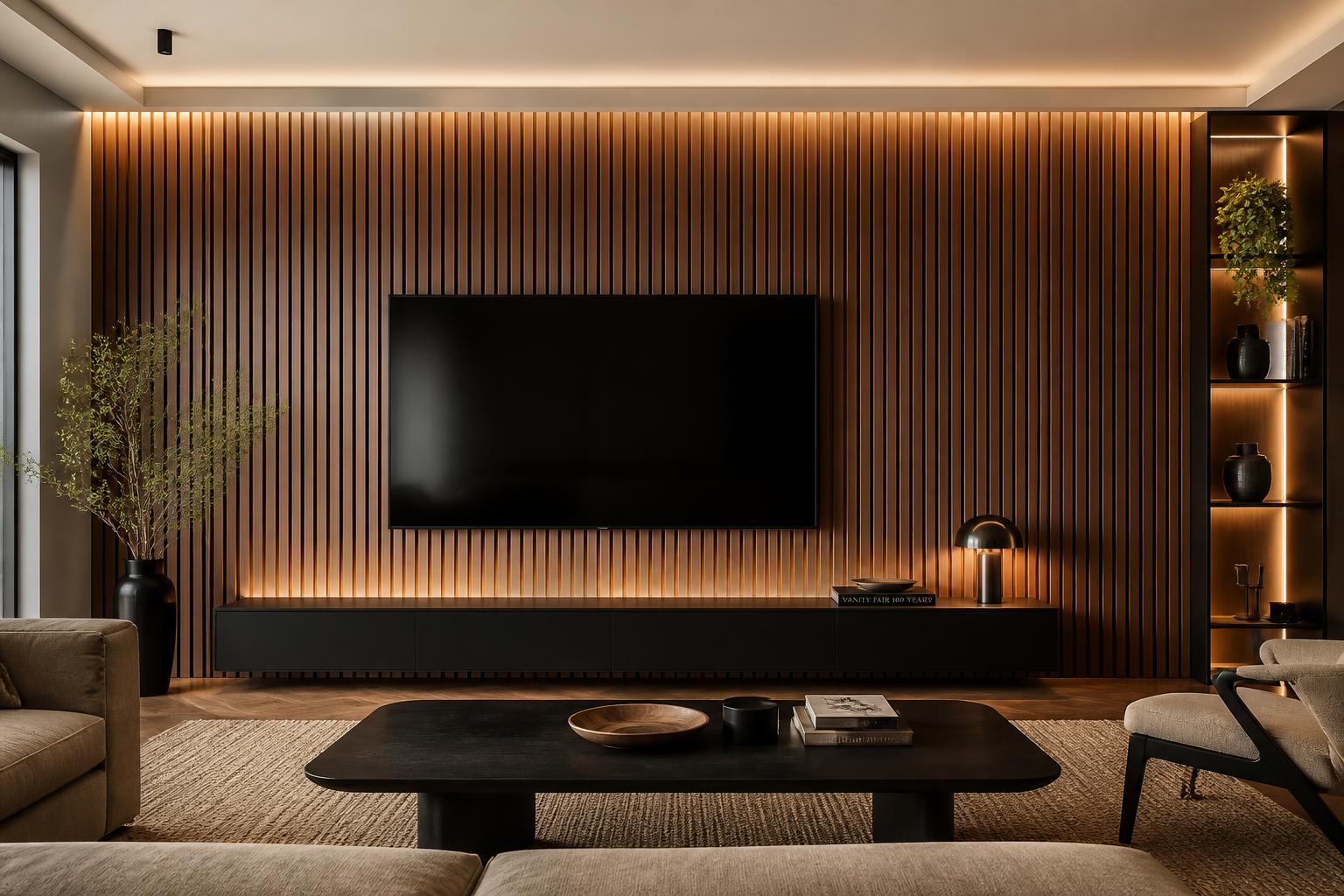 Sala moderna com parede revestida em painel ripado amadeirado atrás da TV