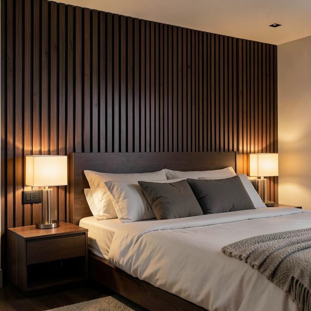 Quarto com cabeceira em painel ripado escuro